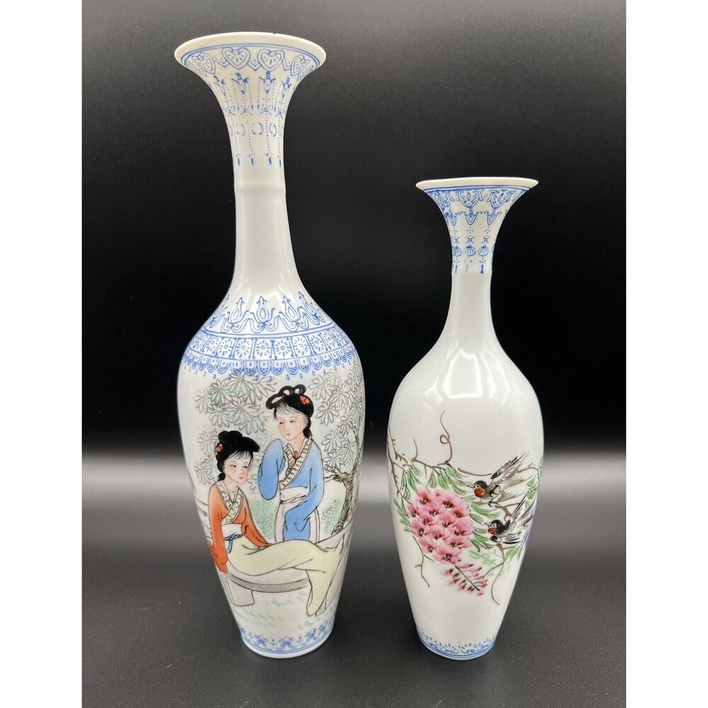 Vintage Chinese Eggshell Porcelain Hand Painted 8” & 10” Vases w Birds & Ladies